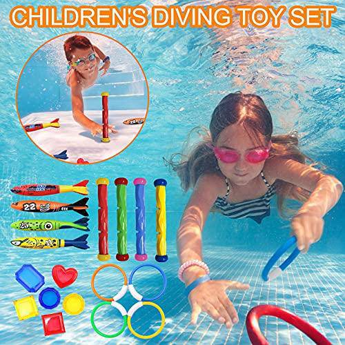 18 pcs Diving Toys Swimming Pool Toys Set, Diving Rings, Diving Sticks, Torpedo Bandits, Gem Treasures Games, Underwater Diving Game Pool Training Toys (1 Set)