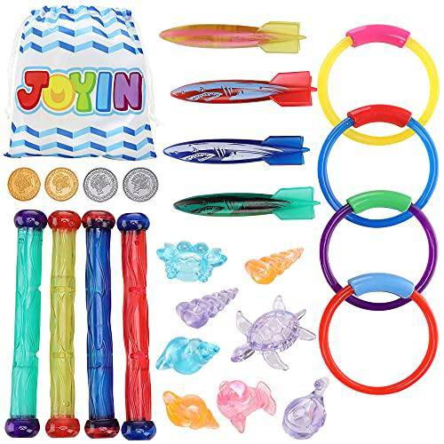 24 Pcs Diving Pool Toys Jumbo Set with Storage Bag Includes (4) Diving Rings, (4) Diving Sticks, (4) Toypedo Bandits, (8) Toy Sea Creatures and (4) Treasure Coins with Under Water Treasures Gift Set