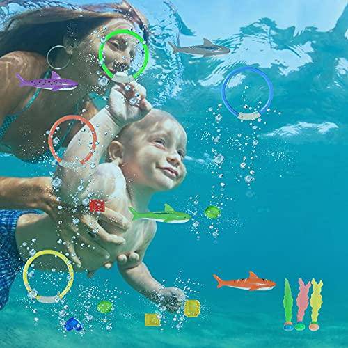 25 PCS Diving Toy Set Underwater Swimming Diving Rings, Diving Sticks, Stringy Octopus, Bandits and Diving Fish with Portable Storage Bag Summer Sinking Dive Pool Toy for Kids (E)