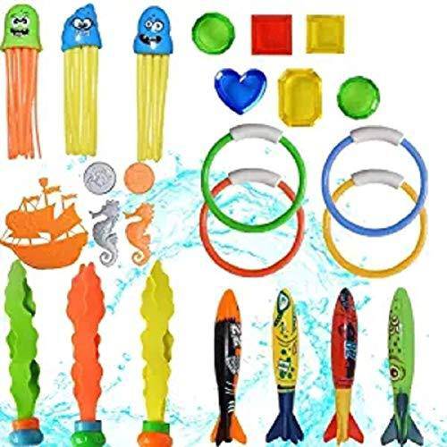 25Pcs Diving Toy Set, Underwater Swimming/Diving Pool Toy Rings, Toypedo Bandits,Stringy Octopus and Diving Fish with Under Water Treasures Gift Set Bundle,Ages 3 Years and Up (Multicolor, 25pcs)