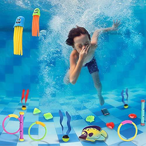 28 Pcs Diving Pool Toys Jumbo Set with Storage Bag Includes (4) Diving Sticks, (4) Diving Rings, (4) Toypedo Bandits, (8) Pirate Treasures, (3) Diving Toy Balls, (3) Fish Toys, (2) Stringy Octopus