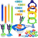 30 Pcs Pool Diving Toys, Underwater Swimming Dive Toys Set - Includes Dive Rings, Dive Sticks, Dive Grass, Fish Net, Torpedo Toy, Gems & Mesh Bag for Kids