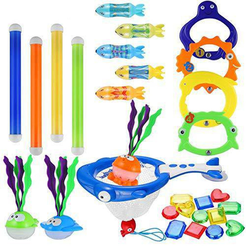 30 Pcs Pool Diving Toys, Underwater Swimming Dive Toys Set - Includes Dive Rings, Dive Sticks, Dive Grass, Fish Net, Torpedo Toy, Gems & Mesh Bag for Kids