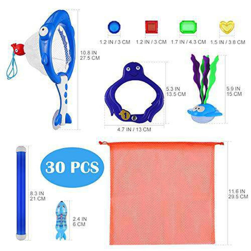 30 Pcs Pool Diving Toys, Underwater Swimming Dive Toys Set - Includes Dive Rings, Dive Sticks, Dive Grass, Fish Net, Torpedo Toy, Gems & Mesh Bag for Kids