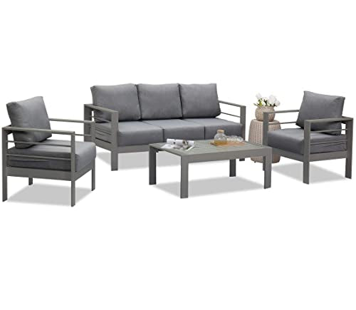 Wisteria Lane Aluminum Outdoor Patio Furniture Set, Modern Patio Conversation Sets, Outdoor Sectional Metal Sofa with 5 Inch Cushion and Coffee Table for Balcony, Garden, Dark Grey