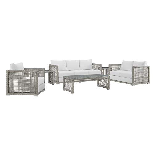 Modway EEI-3559-GRY-WHI-SET Aura Outdoor Patio Wicker Rattan Set, 6 Piece, Gray White