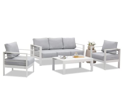 Wisteria Lane Aluminum Outdoor Patio Furniture Set, Modern Patio Conversation Sets, Outdoor Sectional Metal Sofa with 5 Inch Cushion and Coffee Table for Balcony, Garden, Light Grey