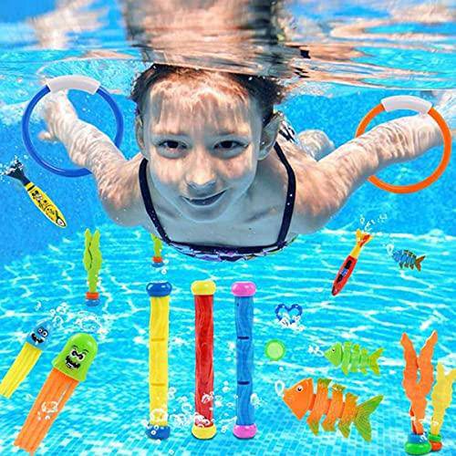 32 Pcs Diving Toy Set Diving Ring, Diving Sticks, Stringy Octopus, Toypedo Bandits, Dolphin, Gem, Seaweedand Diving Fish Summer Sinking Dive Pool Toy for Kids
