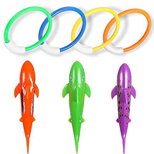 36 Pieces Underwater Diving Pool Toys Set Includes 4 Shark Toys, 4 Diving Rings, 3 Stringy Octopus, 3 Diving Dolphins, 3 Diving Balls, 5 Corsairs with 14 Under Water Treasures for Summer Pool Party
