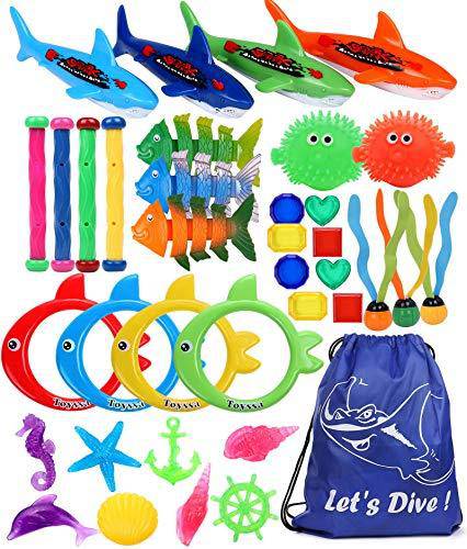 37 PCS Diving Toys Underwater Swimming Pool Toy Diving Rings, Diving Sticks, Diving Fish, Diving Sharks, Diving Seaweeds, and Diving Gems Under Water Games Training Gift for Kids Boys Girls