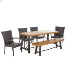 Christopher Knight Home Salla Outdoor Acacia Wood Dining Set with Wicker Stacking Chairs, 6-Pcs Set, Teak Finish / Rustic Metal / Multibrown