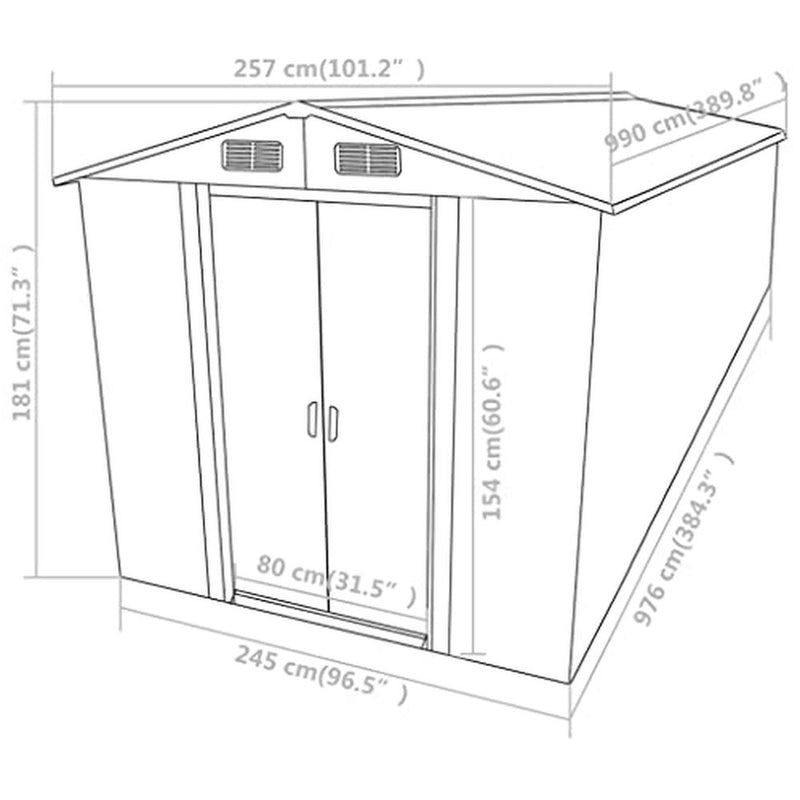 YEZIYIYFOB 8x32 FT Outdoor Storage Shed Garden Storage Patio Clearance Aluminum Metal Steel Outside for Backyard Yard Lawn Mower Tool Anthracite 101.2"x389.8"x71.3"