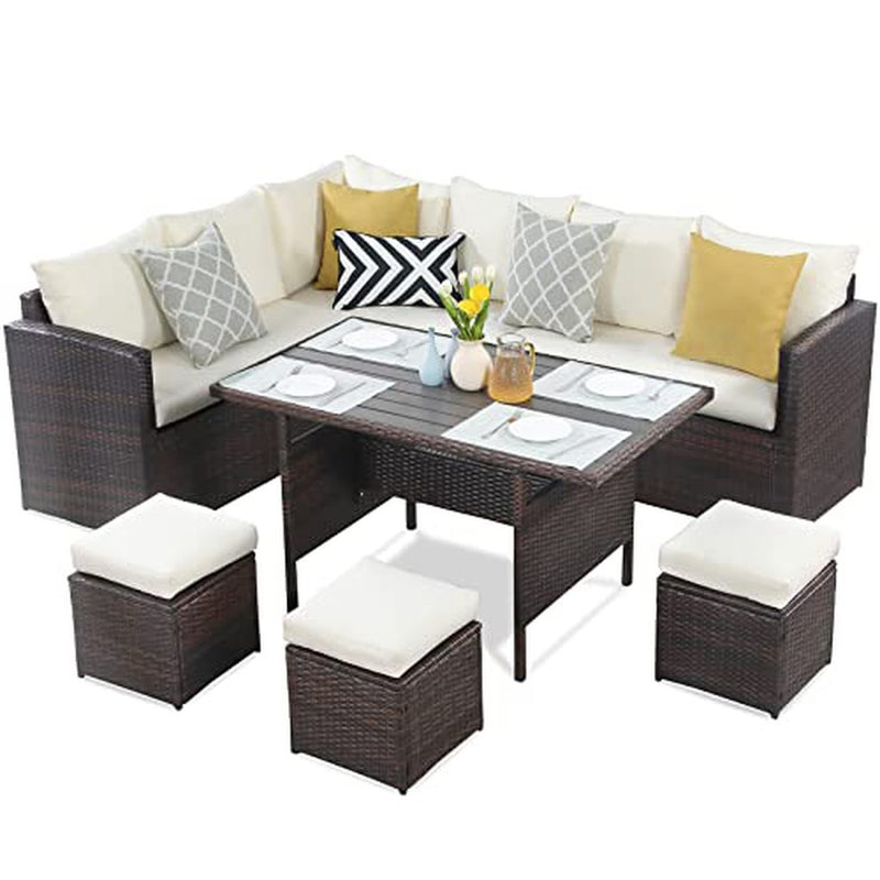 Wisteria Lane Patio Furniture Set, 7 Piece Outdoor Dining Sectional Sofa with Dining Table and Chair, All Weather Wicker Conversation Set with Ottoman, Ivory