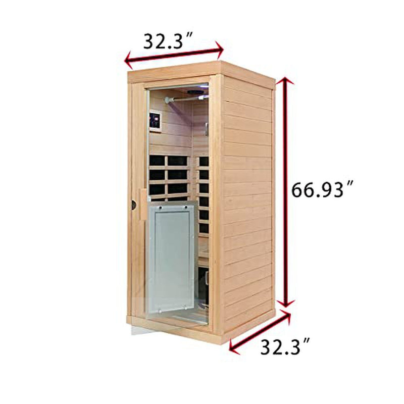 Xmatch Far Infrared Wooden Sauna Room, 1-Person Size, with 1350W, 8 Low EMF Heaters, 10 Minutes Pre-Warm up, Time and Temp Pre-Set, 2 Bluetooth Speakers, 1 LED Reading Lamp and Clothing Hanging Rod