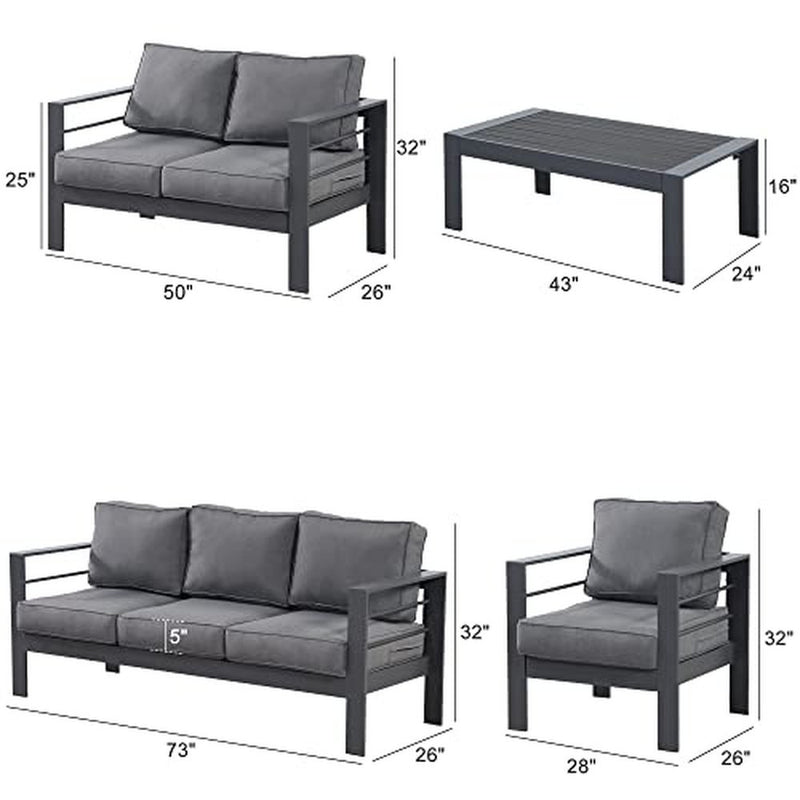 Wisteria Lane Aluminum Outdoor Patio Furniture Set, Modern Patio Conversation Sets, Outdoor Sectional Metal Sofa with 5 Inch Cushion and Coffee Table for Balcony, Garden, Dark Grey