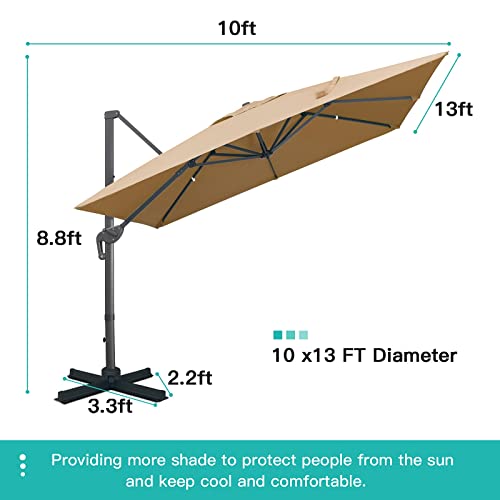 Sunnyglade 10x13Ft Cantilever Patio Umbrella Rectangular Deluxe Offset Umbrella 360°Rotation & Integrated Tilting System Patio Hanging Umbrella for Market Garden Deck Pool Backyard Patio (Tan)