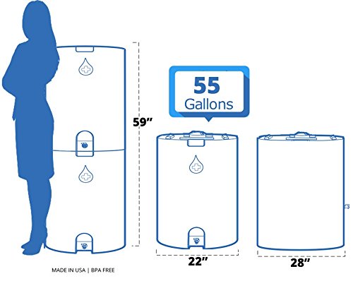 Blue 55 Gallon Water Storage Tank by WaterPrepared - Emergency Water Barrel Container with Spigot for Emergency Disaster Preparedness - Stackable- Includes 5 Year Water Treatment