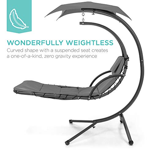 Best Choice Products Outdoor Hanging Curved Steel Chaise Lounge Chair Swing w/ Built-in Pillow and Removable Canopy - Charcoal Gray