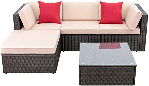 Devoko 5 Pieces Patio Furniture Sets All Weather Outdoor Sectional Sofa Manual Weaving Wicker Rattan Patio Conversation Set with Cushion and Glass Table (Beige)