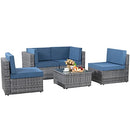 Shintenchi 5 Pieces Outdoor Patio Sectional Sofa Couch, Silver Gray PE Wicker Furniture Conversation Sets with Washable Cushions & Glass Coffee Table for Garden, Poolside, Backyard (Aegean Blue)
