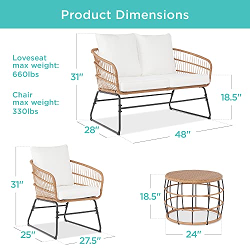 Best Choice Products 4-Piece Outdoor Rope Wicker Patio Conversation Set, Modern Contemporary Furniture for Backyard, Balcony, Porch w/Loveseat, Plush Cushions, Coffee Table, Steel Frame - White