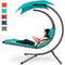 Best Choice Products Outdoor Hanging Curved Steel Chaise Lounge Chair Swing w/ Built-in Pillow and Removable Canopy, Teal