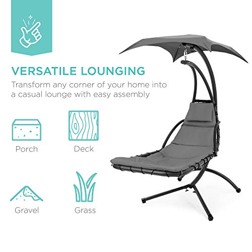 Best Choice Products Outdoor Hanging Curved Steel Chaise Lounge Chair Swing w/ Built-in Pillow and Removable Canopy - Charcoal Gray