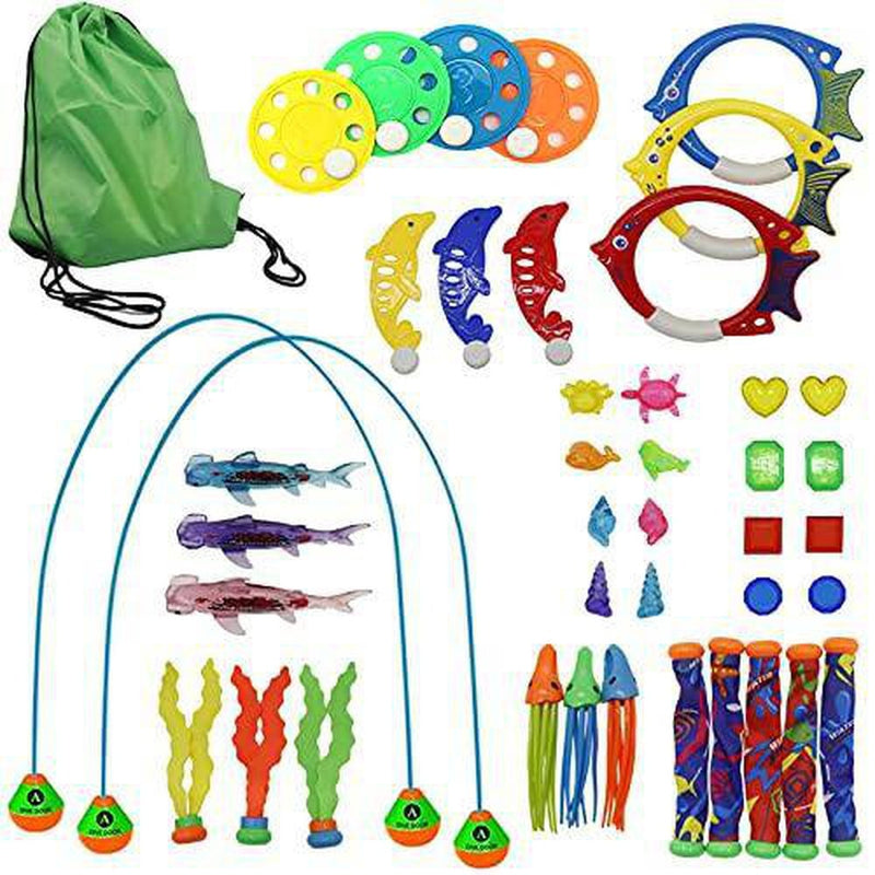 42 PCS Pool Diving Toys for Kids, Variety Swimming Dive Toy Includes Diving Rings Sticks Sharks Doors Seaweeds Dolphins Squids Frisbees Gems with Storage Bag, Water Toys for Pool Games Party Favors