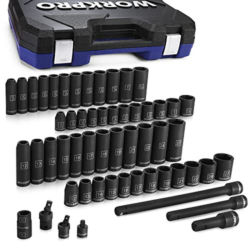 WORKPRO 1/2" Drive Impact Socket Set with Extension Bars, Premium Cr-V Steel, Complete 55-Piece, SAE and Metric Sockets with Enhanced Storage Case