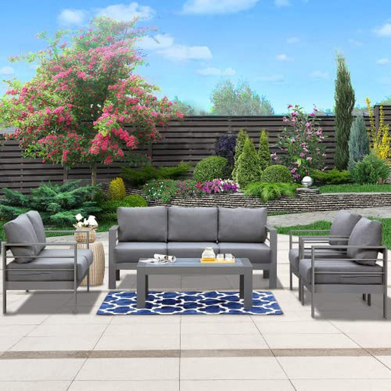 Wisteria Lane Aluminum Outdoor Patio Furniture Set, Modern Patio Conversation Sets, Outdoor Sectional Metal Sofa with 5 Inch Cushion and Coffee Table for Balcony, Garden, Dark Grey