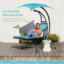 Best Choice Products Outdoor Hanging Curved Steel Chaise Lounge Chair Swing w/ Built-in Pillow and Removable Canopy, Teal