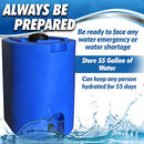 Blue 55 Gallon Water Storage Tank by WaterPrepared - Emergency Water Barrel Container with Spigot for Emergency Disaster Preparedness - Stackable- Includes 5 Year Water Treatment