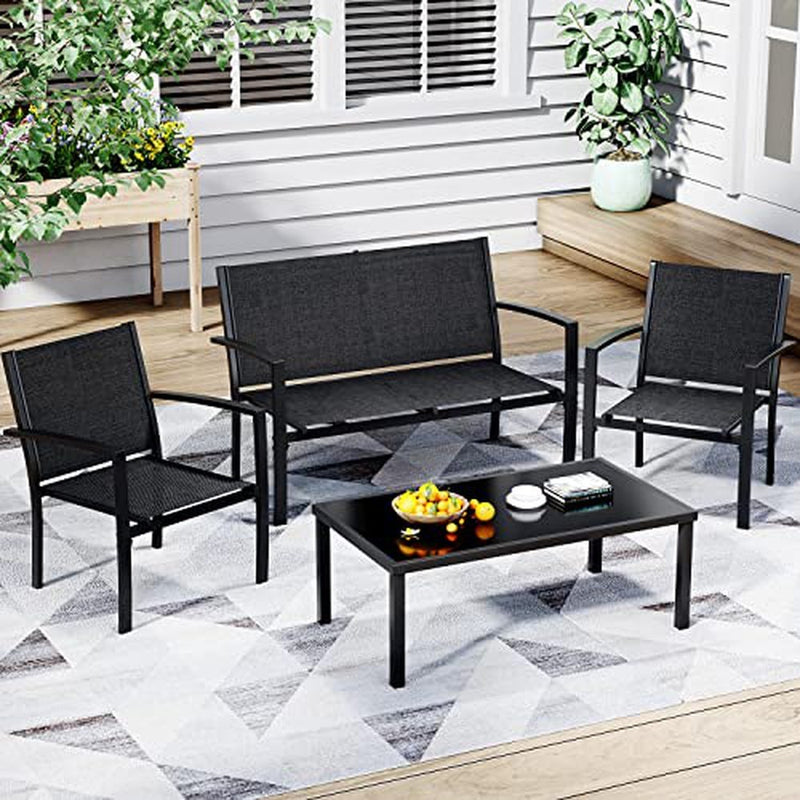 Greesum 4 Pieces Patio Furniture Set, Outdoor Conversation Sets for Patio, Lawn, Garden, Poolside with A Glass Coffee Table, Black