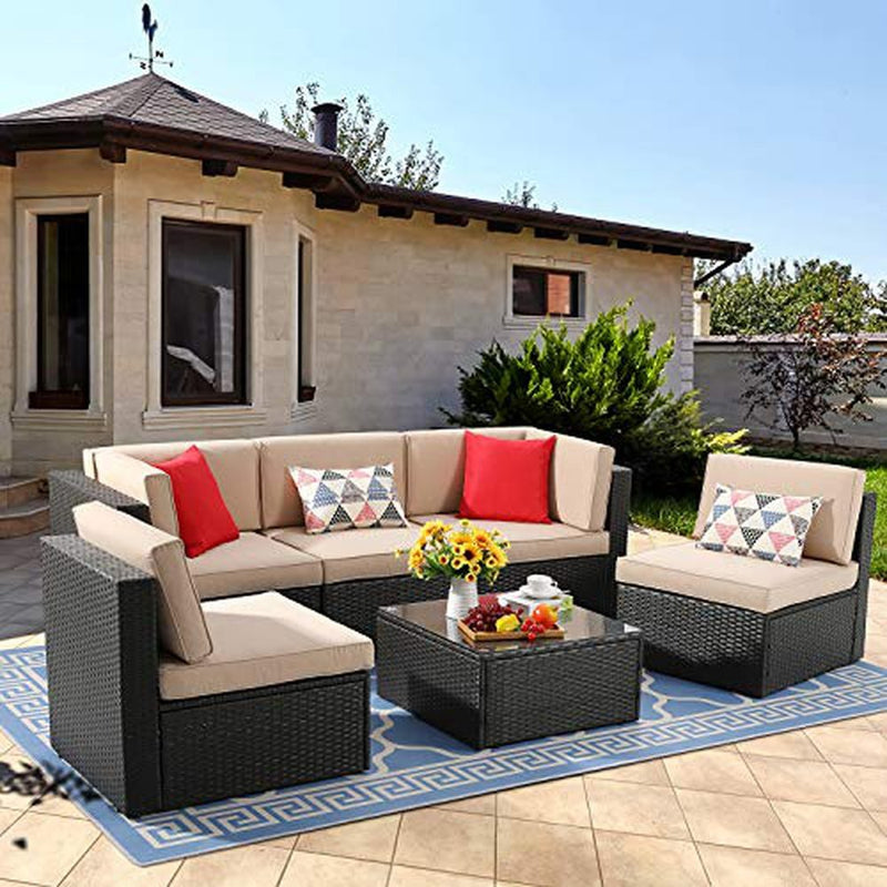Vongrasig 6 Piece Small Patio Furniture Sets, All Weather PE Wicker Rattan Outdoor Sectional Couch Conversation Set with Glass Table, Cushions and Red Pillows, for Lawn, Garden, Backyard (Beige)