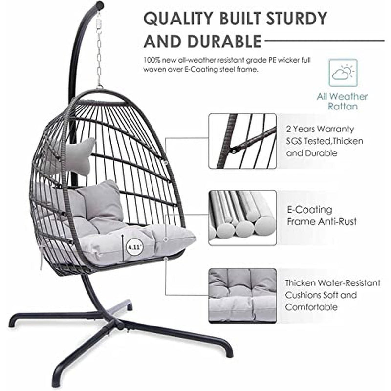 NICESOUL® Indoor Outdoor Patio Wicker Hanging Chair Swing Hammock Egg Chairs UV Resistant Cushions 350lbs Capaticy for Patio Bedroom Balcony (Grey)