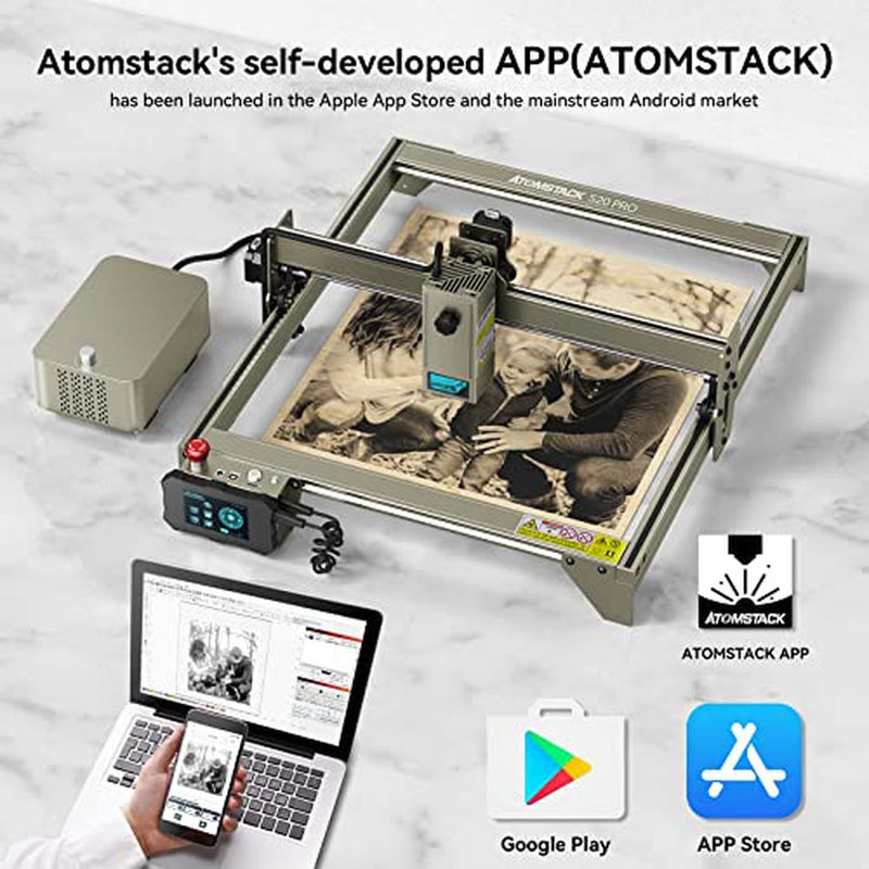 ATOMSTACK S20 PRO Laser Engraver,130W Laser Engraving Cutting Machine Air Assist Kits, 20W Output Power 0.08 * 0.1mm Compressed Spot, Laser Cutter and Engraver Machine Metal Steel Golden Gray
