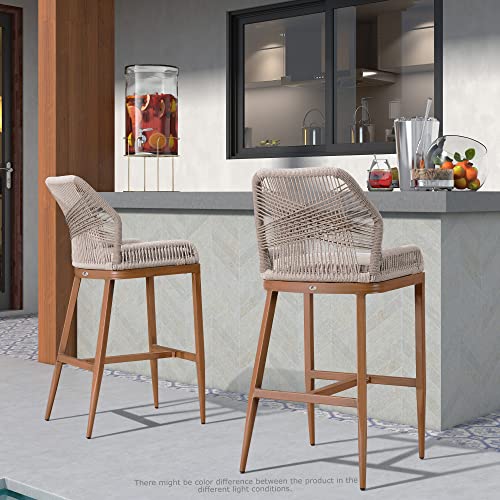 PURPLE LEAF Outdoor Counter Height Bar Stools Chair Set of 2 Bar Stool Chairs Modern Patio Metal Stools with Backrest and Arm, Cushions Included
