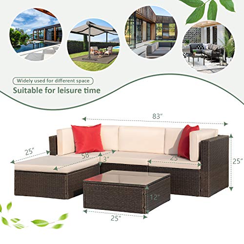 Devoko 5 Pieces Patio Furniture Sets All Weather Outdoor Sectional Sofa Manual Weaving Wicker Rattan Patio Conversation Set with Cushion and Glass Table (Beige)