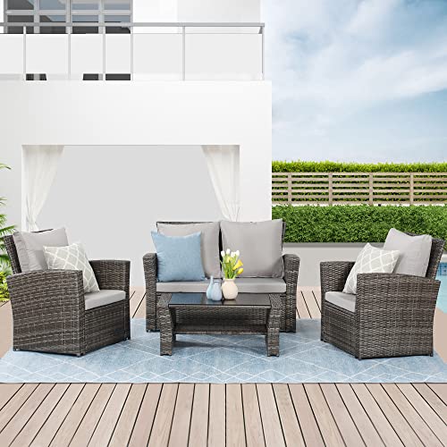 Wisteria Lane 4 Piece Outdoor Patio Furniture Sets, Wicker Conversation Set for Porch Deck, Gray Rattan Sofa Chair with Cushion