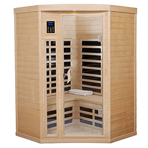 Kanlanth Far Infrared Sauna Low EMF Wooden Sauna for Home, 2 Person Indoor Home Sauna, 1,600watt, 7 Low EMF Heaters, Canadian Hemlock, 10 Minutes Pre-Warm up, with Bluetooth, LCD, LED