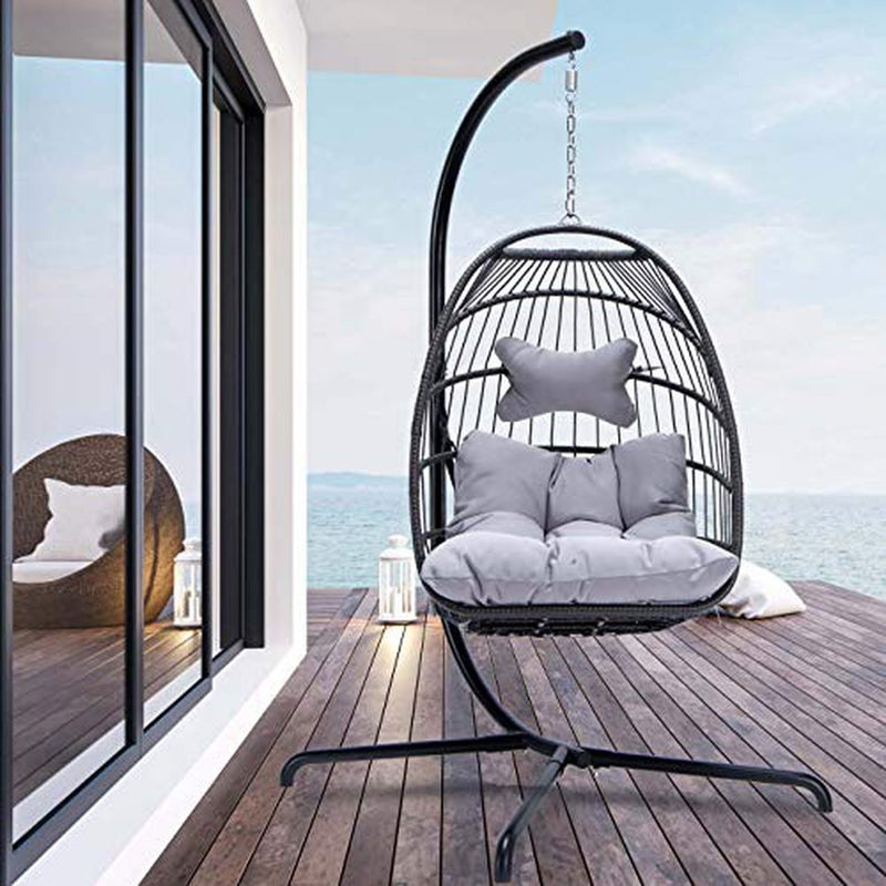 NICESOUL® Indoor Outdoor Patio Wicker Hanging Chair Swing Hammock Egg Chairs UV Resistant Cushions 350lbs Capaticy for Patio Bedroom Balcony (Grey)