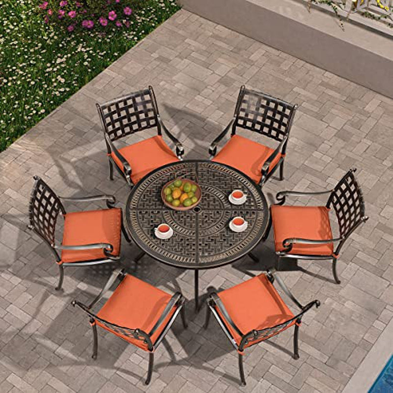 PURPLE LEAF Patio Dining Set Cast Aluminum 7-Piece Patio Furniture Set with 6 Dining Armchairs and 47" Round Table, 6 Cushions Included, for Lawn Yard Garden, Lattice Brick Red Outdoor Dining Set