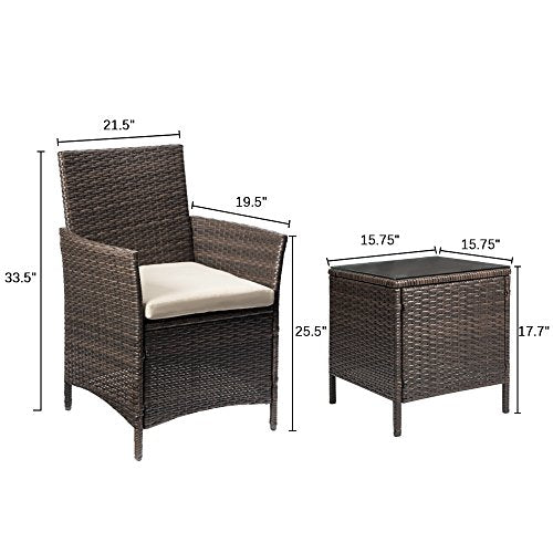 Devoko 3 Pieces Patio Furniture Sets Clearance PE Rattan Wicker Chairs with Table Outdoor Garden Porch Furniture Sets (Brown/Beige)