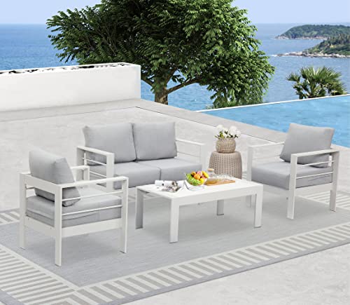 Solaste Outdoor Aluminum Furniture Set - 4 Pieces Patio Sectional Chat Sofa Conversation Set with Table,White
