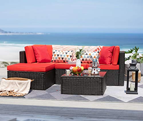 Devoko 5 Pieces Patio Furniture Sets All Weather Outdoor Sectional Sofa Manual Weaving Wicker Rattan Patio Conversation Set with Cushion and Glass Table