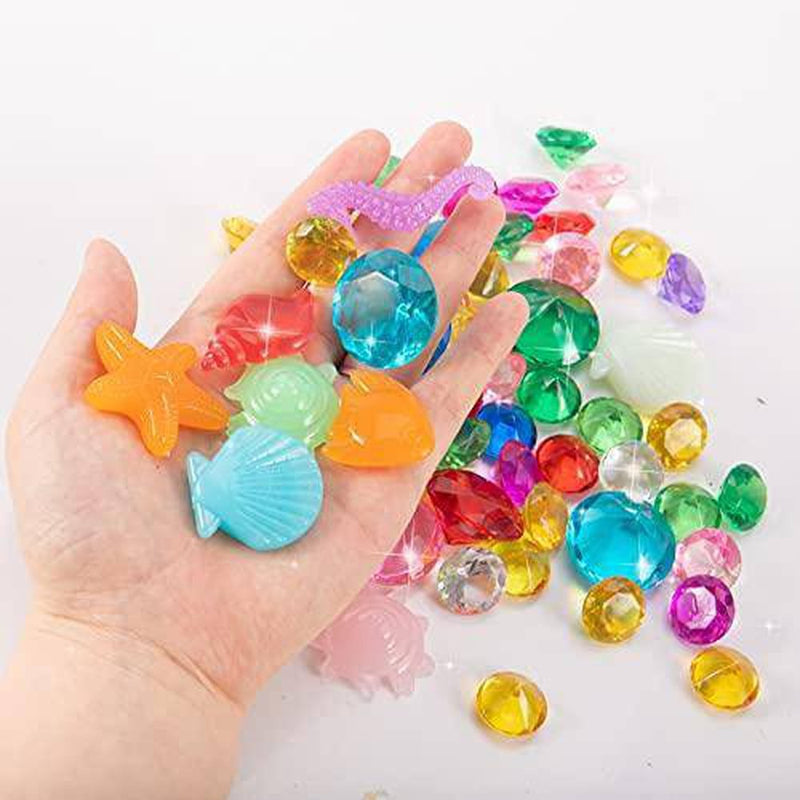 60pcs Diving Gem Pool Toy with Large Treasure Pirate Box- Colorful Sinking Assorted Marine Life Diamond Set Underwater Swimming Dive Throw Toy for Summer Kid Pool Playing Treasures Gift(Random Color)