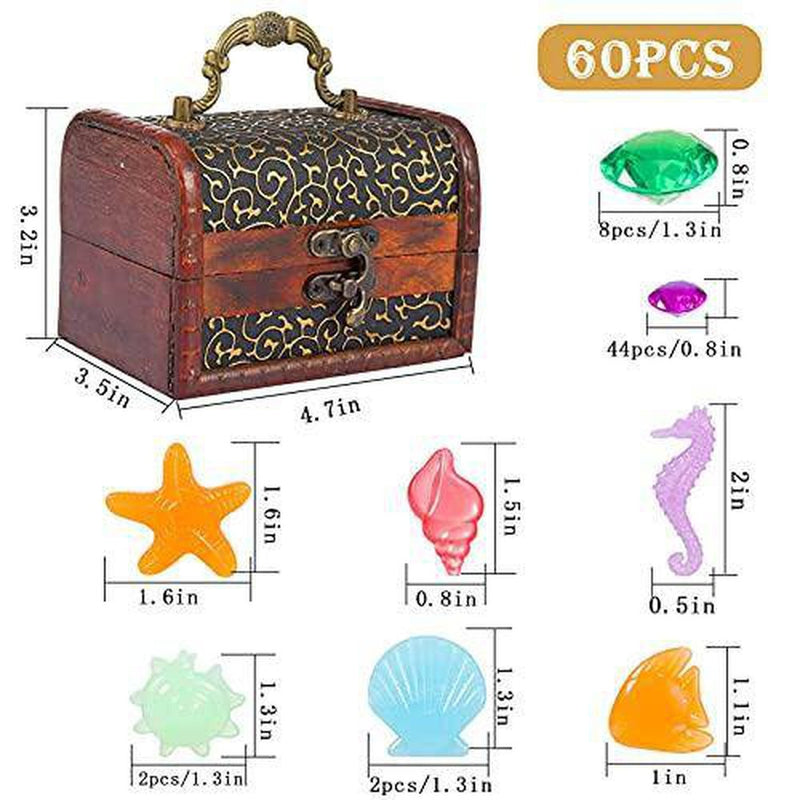 60pcs Diving Gem Pool Toy with Large Treasure Pirate Box- Colorful Sinking Assorted Marine Life Diamond Set Underwater Swimming Dive Throw Toy for Summer Kid Pool Playing Treasures Gift(Random Color)