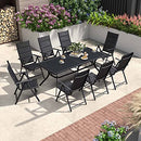 PURPLE LEAF 9 Pieces Outdoor Patio Dining Set with 8 Folding Portable Chairs and 1 Rectangle Aluminum Table, Foldable Adjustable High Back Reclining Chairs with Soft Cotton-Padded Seat, Black