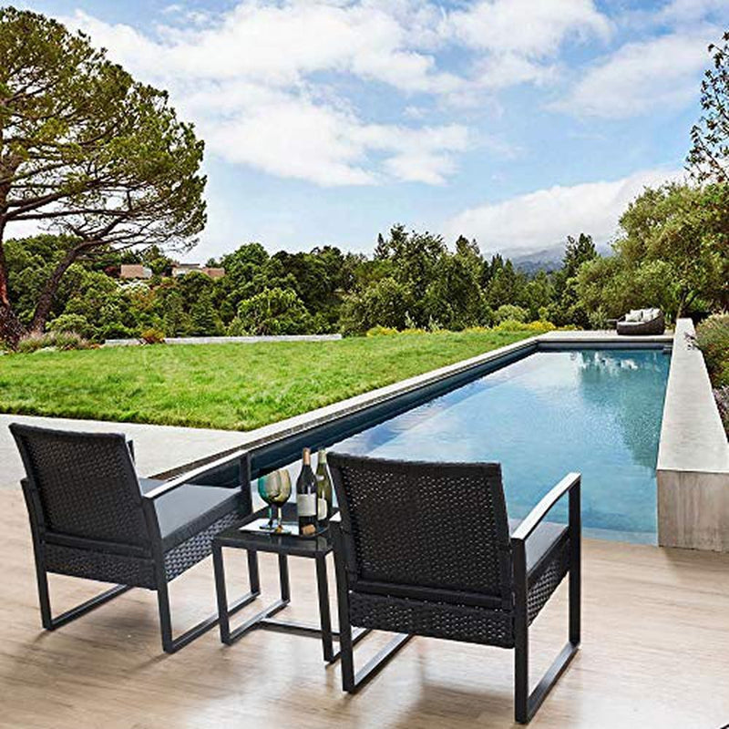 Flamaker 3 Pieces Patio Set Outdoor Wicker Patio Furniture Sets Modern Bistro Set Rattan Chair Conversation Sets with Coffee Table for Yard and Bistro (Black)