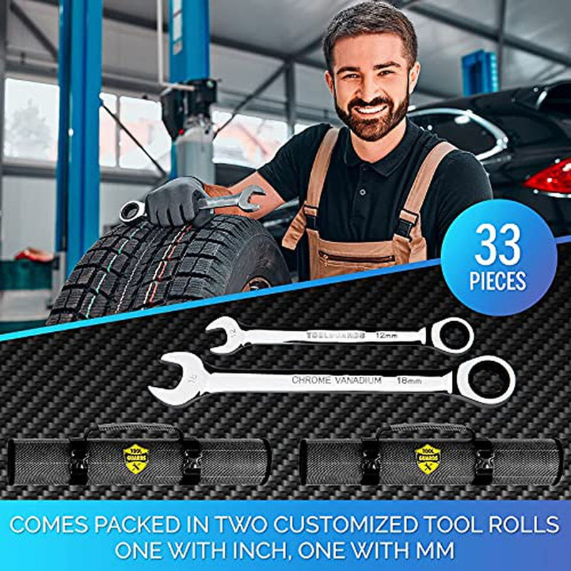TOOLGUARDS 33pcs Ratcheting Wrench Set - Large wrench set metric and standard - Complete wrench set